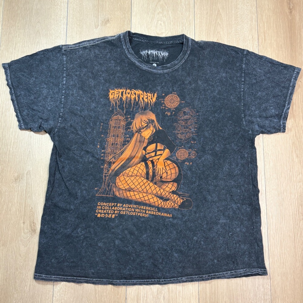 Get Lost Perv Adventureskull BasedKawaii Anime Graphic T-Shirt Large Acid Wash